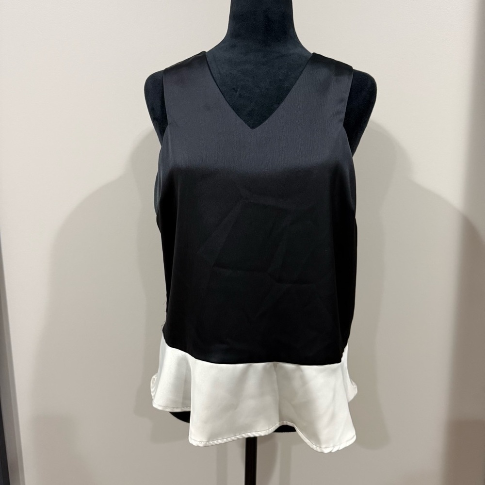 Anthropology Pleione Black Sleeveless V-Neck Top with White Flared Hem